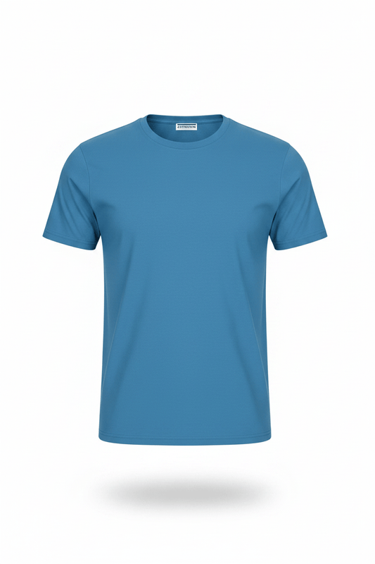Blue custom t-shirt with business logo print for corporate and trade teams
