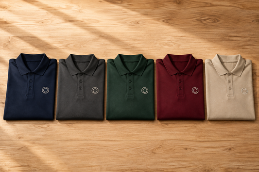 Five folded branded polo shirts in a row, illustrating PrintArtMe's minimum order of 5 pieces