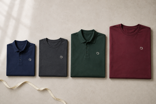 Assorted branded shirts laid out by size with a tape measure, illustrating team uniform sizing
