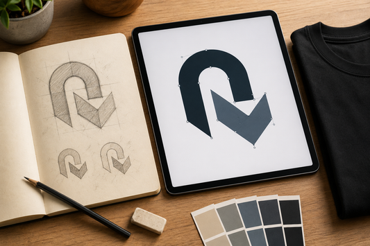 Hand-sketched logo idea next to a polished digital version, illustrating the artwork-ready design process