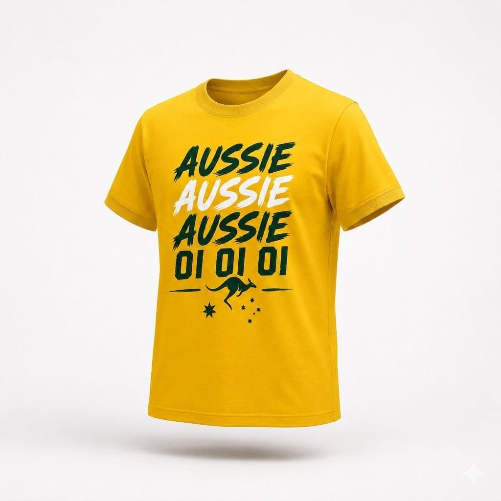 Yellow t-shirt with 'Aussie Aussie Aussie OI OI OI' text on a white background