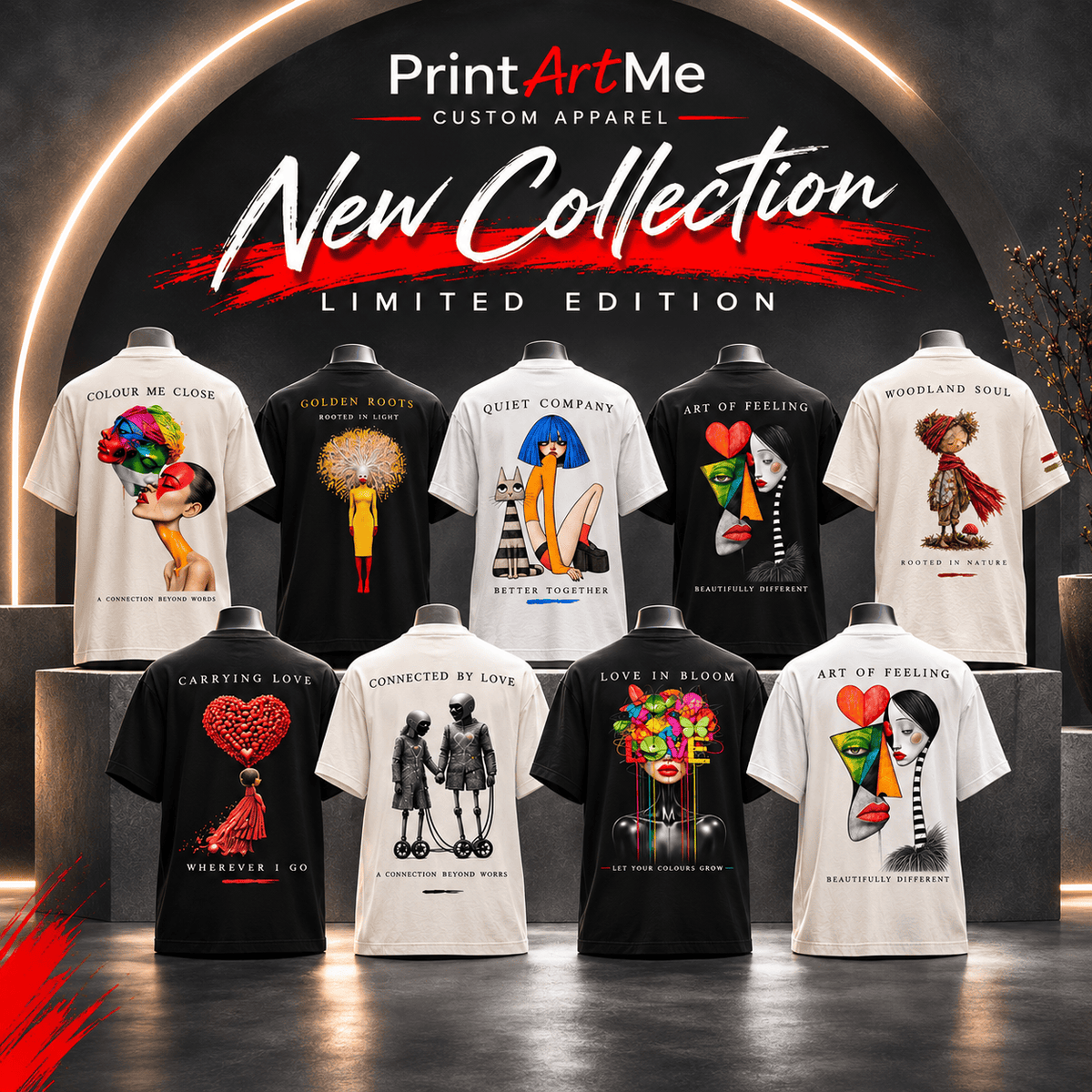 PrintArtMe Founders Drop limited edition collection, premium black graphic t-shirt and hoodie on dark pedestals